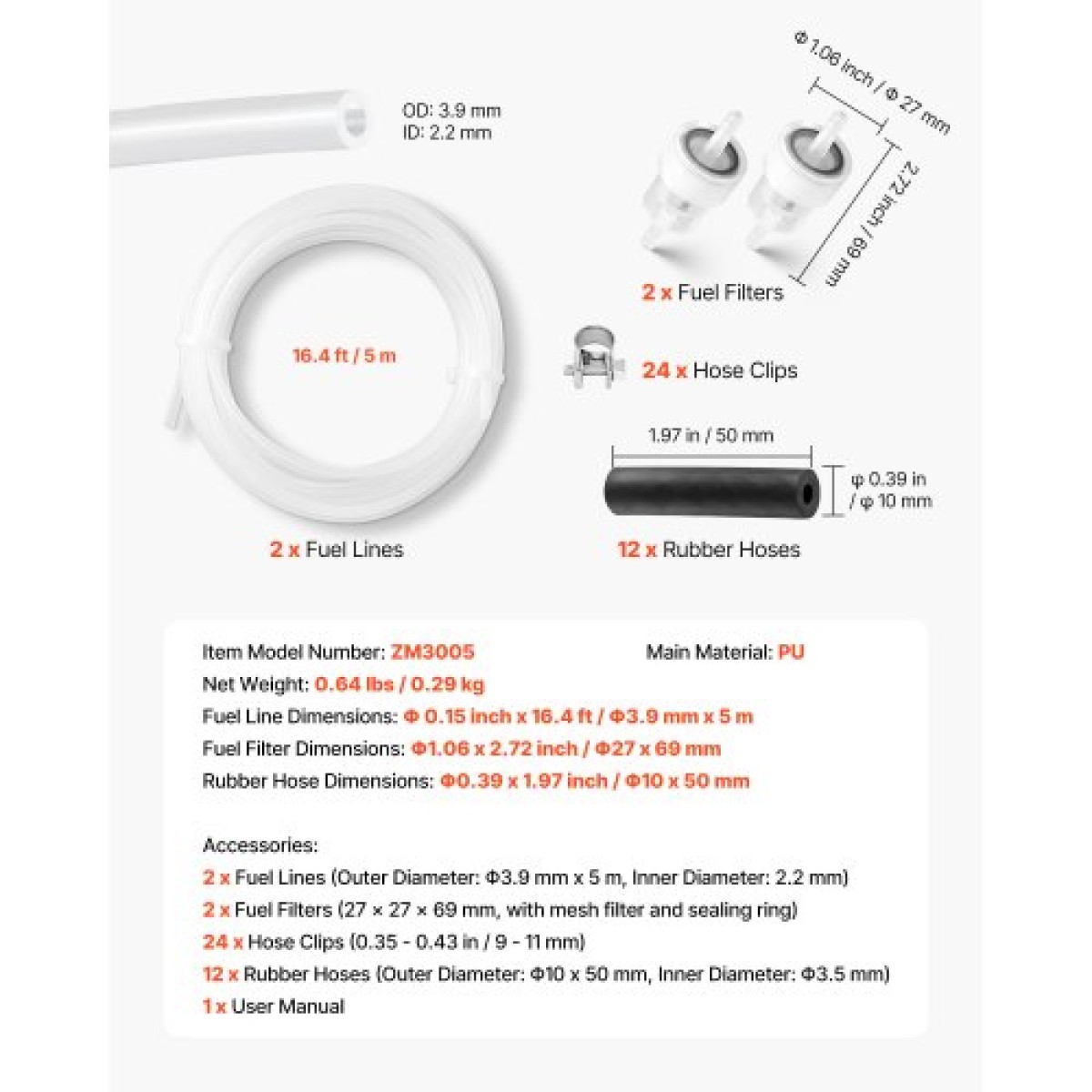 VEVOR Fuel Hose Line Kit, 5000mm Diesel Heater Fuel Line Kit, Replaceable Heater Parking Heater Fuels Lines with Lines Filters Clips & Hoses, Tank Diesel Heater Accessories for 2KW 5KW 8KW Heaters