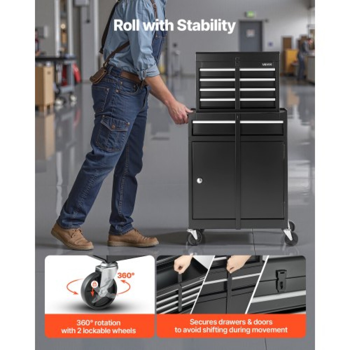 VEVOR Rolling Tool Chance, 2-in-1 Design, 5 συρτάρια οργάνωσης ντουλαπιών εργαλείων με αποσπώμενη επάνω μεταλλική εργαλειοθήκη, κλειδαριά, προστατευτική επένδυση και ράφι εργαλείων, ντουλάπι αποθήκευσης γκαράζ για αποθήκη, εργαστήριο
