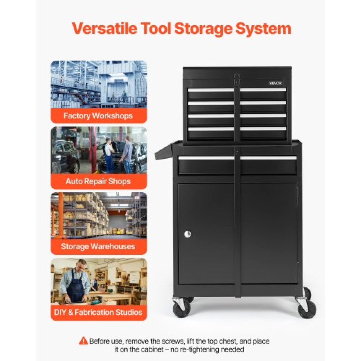 VEVOR Rolling Tool Chance, 2-in-1 Design, 5 συρτάρια οργάνωσης ντουλαπιών εργαλείων με αποσπώμενη επάνω μεταλλική εργαλειοθήκη, κλειδαριά, προστατευτική επένδυση και ράφι εργαλείων, ντουλάπι αποθήκευσης γκαράζ για αποθήκη, εργαστήριο