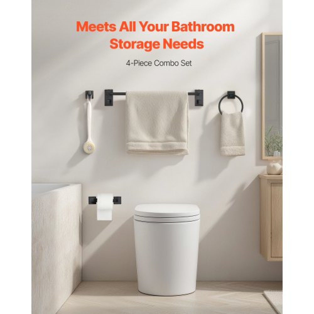 VEVOR Matte Black Bathroom Hardware Set, 4 Pieces Stainless Steel Bathroom Accessories Set, 24-inch Towel Bar, Towel Ring, Robe Towel Hook, Toilet Paper Holder, for Bath Room, Wall Mounted
