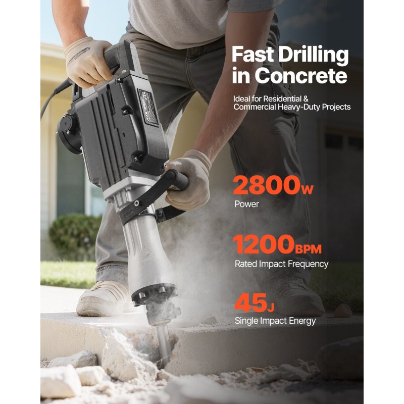 VEVOR Demolition Jack Hammer, 2800 W Ισχυρό Ηλεκτρικό Jackhammer, 1200 BPM Θραύση σκυροδέματος με 3 σμίλες, ένα πήλινο φτυάρι, θήκη μεταφοράς, γάντια, για σκυρόδεμα, τοίχο, τούβλο, πλακάκι και θεμέλιο