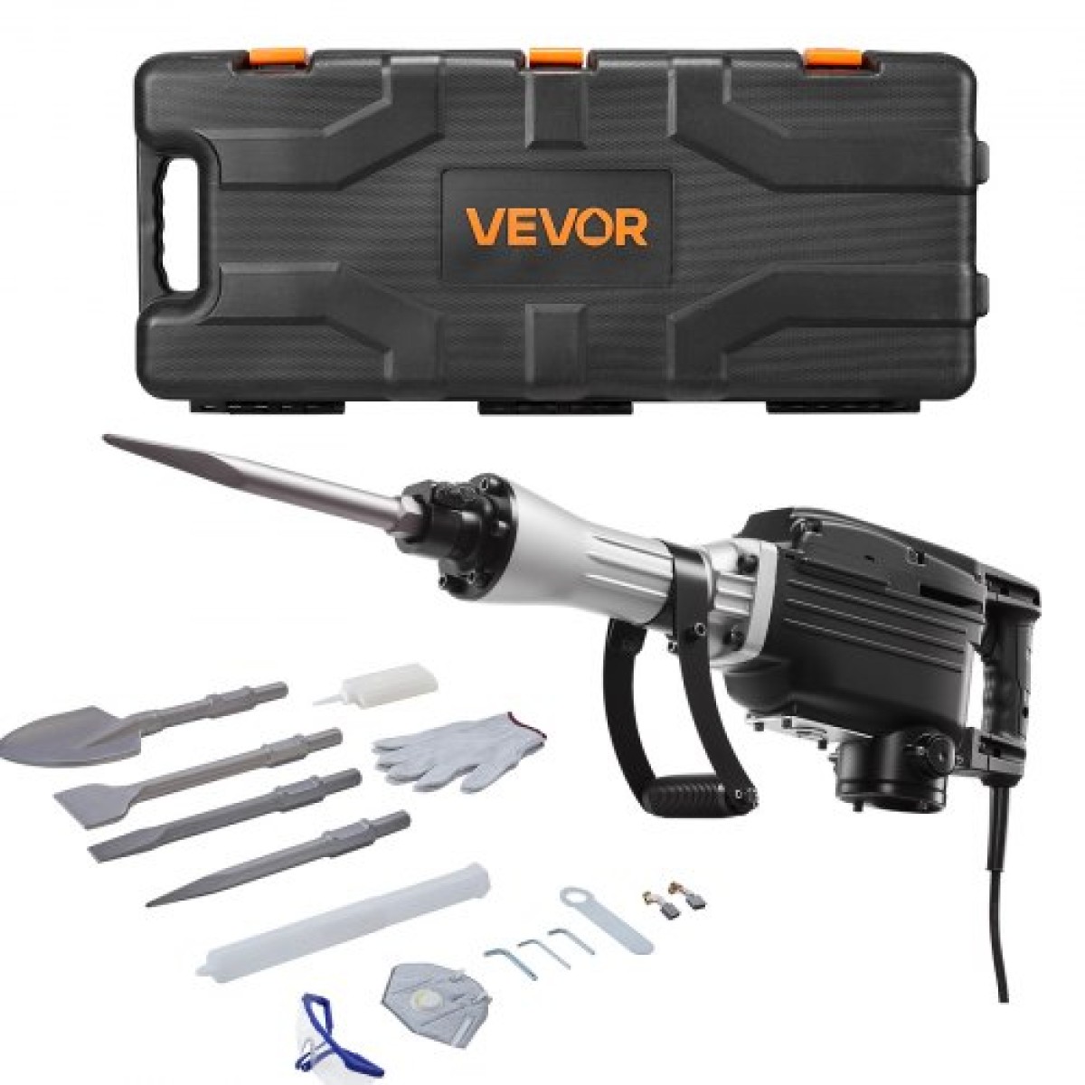 VEVOR Demolition Jack Hammer, 2800 W Ισχυρό Ηλεκτρικό Jackhammer, 1200 BPM Θραύση σκυροδέματος με 3 σμίλες, ένα πήλινο φτυάρι, θήκη μεταφοράς, γάντια, για σκυρόδεμα, τοίχο, τούβλο, πλακάκι και θεμέλιο