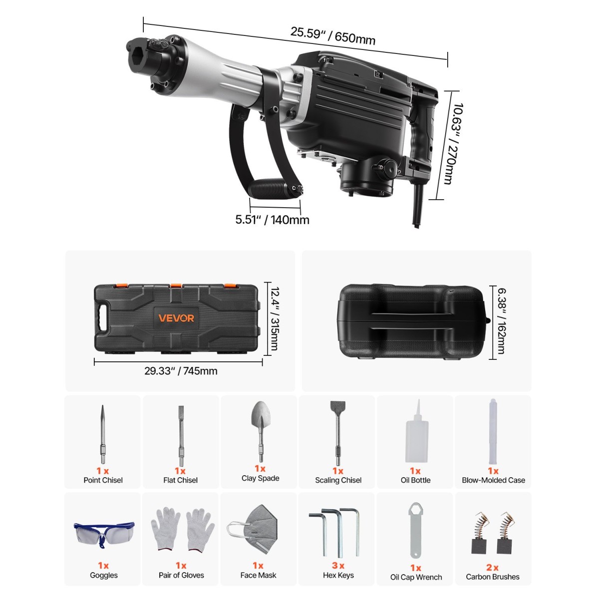 VEVOR Demolition Jack Hammer, 2800 W Ισχυρό Ηλεκτρικό Jackhammer, 1200 BPM Θραύση σκυροδέματος με 3 σμίλες, ένα πήλινο φτυάρι, θήκη μεταφοράς, γάντια, για σκυρόδεμα, τοίχο, τούβλο, πλακάκι και θεμέλιο