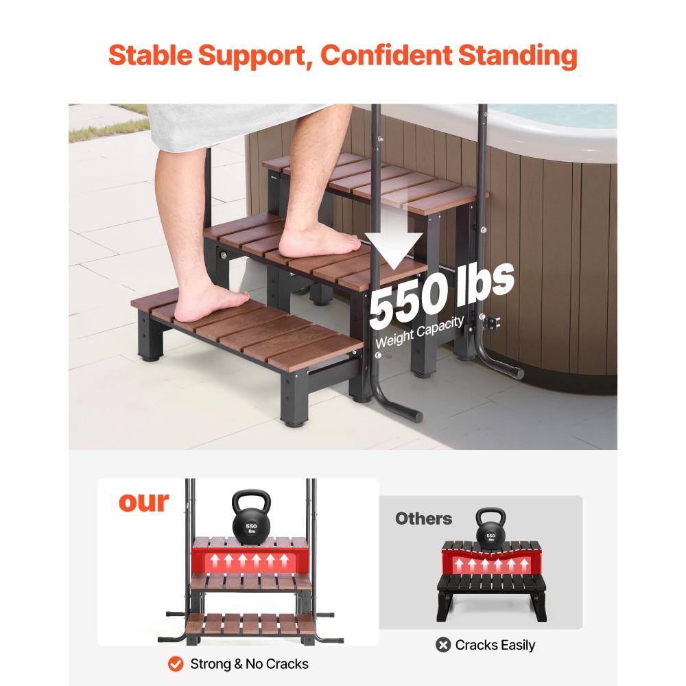 VEVOR Hot Tub Step με κουπαστή, 3-Step Spa εξωτερικές σκάλες, Heavy Duty 640,1 mm πλάτος πάνω από το έδαφος/φουσκωτή σκάλα πισίνας με χωρητικότητα 249,5 kg, πολλαπλή χρήση για βεράντα, βεράντα, κατάστρωμα, ρυμουλκούμενα