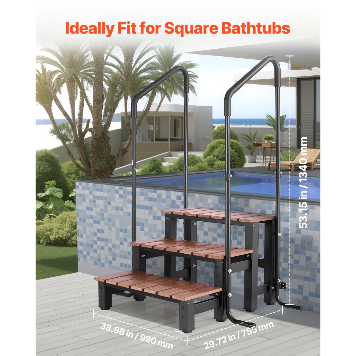 VEVOR Hot Tub Step με κουπαστή, 3-Step Spa εξωτερικές σκάλες, Heavy Duty 640,1 mm πλάτος πάνω από το έδαφος/φουσκωτή σκάλα πισίνας με χωρητικότητα 249,5 kg, πολλαπλή χρήση για βεράντα, βεράντα, κατάστρωμα, ρυμουλκούμενα