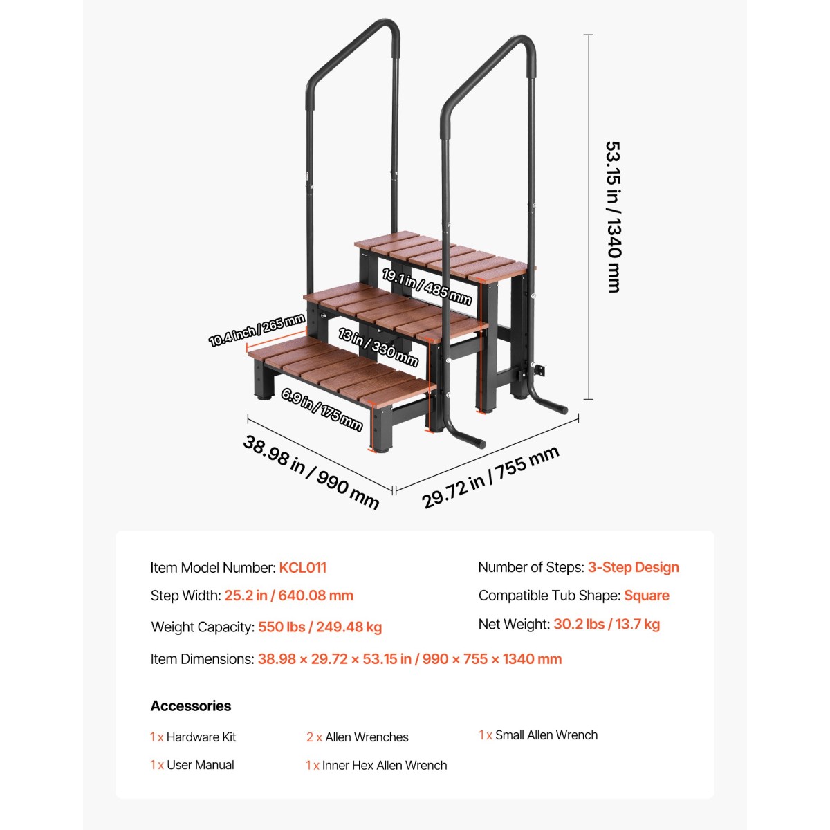 VEVOR Hot Tub Step με κουπαστή, 3-Step Spa εξωτερικές σκάλες, Heavy Duty 640,1 mm πλάτος πάνω από το έδαφος/φουσκωτή σκάλα πισίνας με χωρητικότητα 249,5 kg, πολλαπλή χρήση για βεράντα, βεράντα, κατάστρωμα, ρυμουλκούμενα