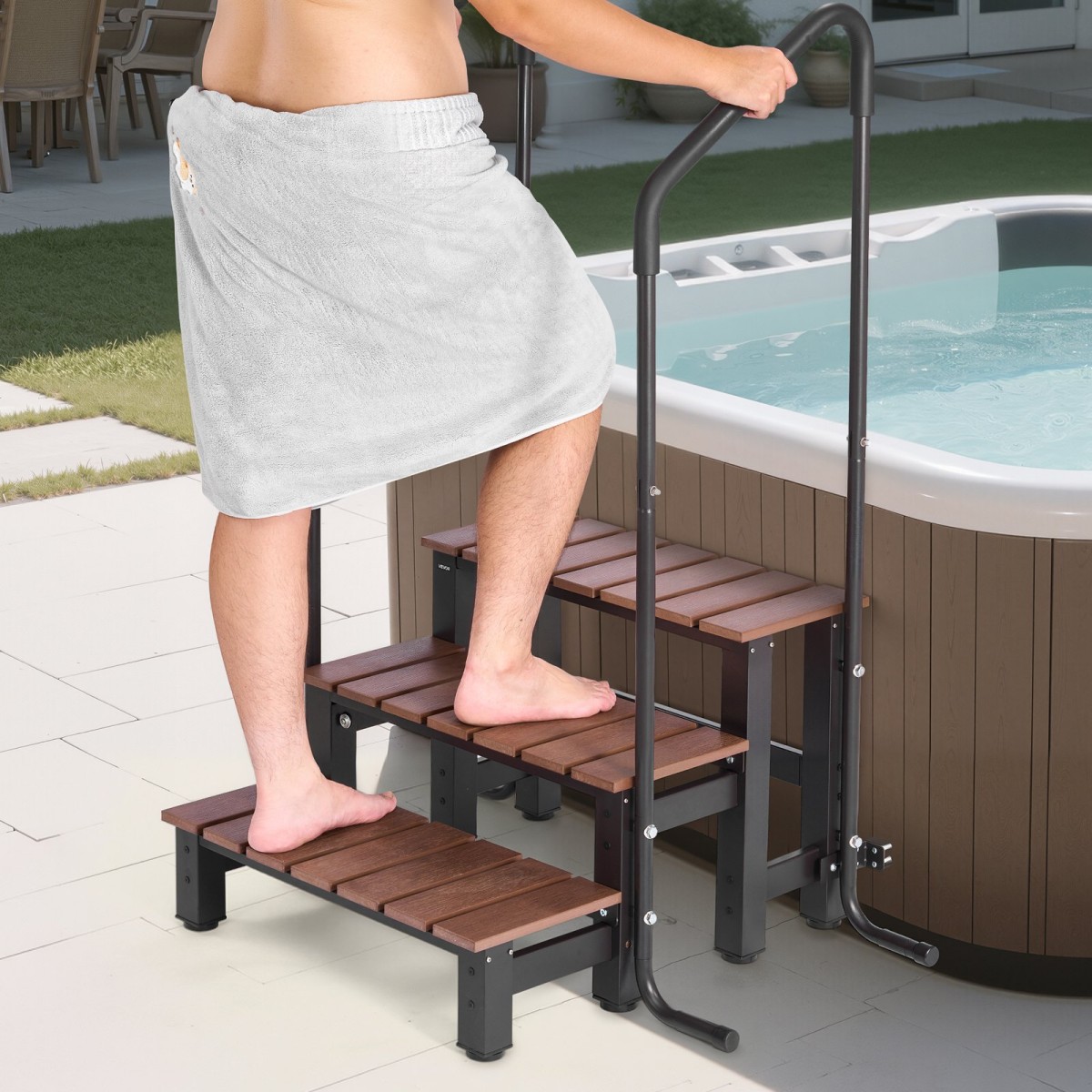 VEVOR Hot Tub Step με κουπαστή, 3-Step Spa εξωτερικές σκάλες, Heavy Duty 640,1 mm πλάτος πάνω από το έδαφος/φουσκωτή σκάλα πισίνας με χωρητικότητα 249,5 kg, πολλαπλή χρήση για βεράντα, βεράντα, κατάστρωμα, ρυμουλκούμενα