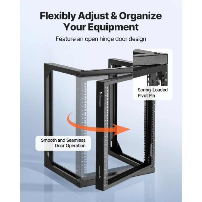 Βάση διακομιστή VEVOR 12U Wall Mount, 68,04 kg Μέγιστη χωρητικότητα φορτίου, Open Frame Network Rack με 180 Degrees Gate Swing Door, Carbon Steel, Ιδανικό για Εξοπλισμό Δικτύου Πληροφορικής & Συσκευές AV Διακομιστής υπολογιστή, Μαύρο