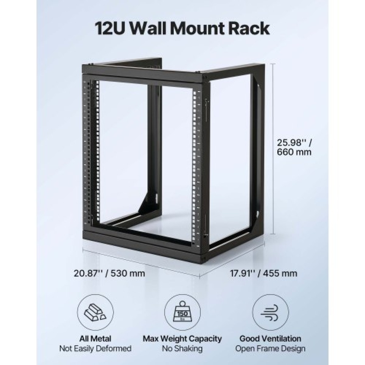 Βάση διακομιστή VEVOR 12U Wall Mount, 68,04 kg Μέγιστη χωρητικότητα φορτίου, Open Frame Network Rack με 180 Degrees Gate Swing Door, Carbon Steel, Ιδανικό για Εξοπλισμό Δικτύου Πληροφορικής & Συσκευές AV Διακομιστής υπολογιστή, Μαύρο