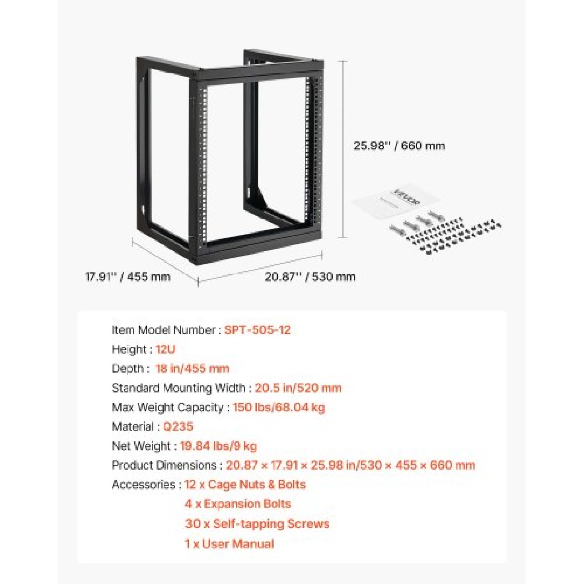 Βάση διακομιστή VEVOR 12U Wall Mount, 68,04 kg Μέγιστη χωρητικότητα φορτίου, Open Frame Network Rack με 180 Degrees Gate Swing Door, Carbon Steel, Ιδανικό για Εξοπλισμό Δικτύου Πληροφορικής & Συσκευές AV Διακομιστής υπολογιστή, Μαύρο