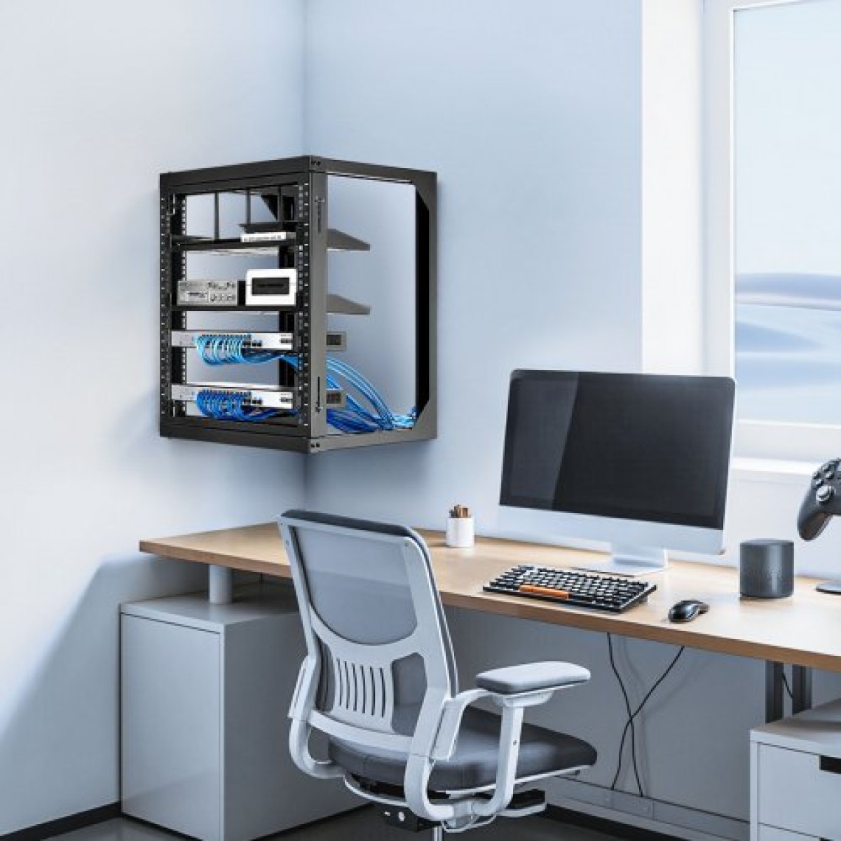 Βάση διακομιστή VEVOR 12U Wall Mount, 68,04 kg Μέγιστη χωρητικότητα φορτίου, Open Frame Network Rack με 180 Degrees Gate Swing Door, Carbon Steel, Ιδανικό για Εξοπλισμό Δικτύου Πληροφορικής & Συσκευές AV Διακομιστής υπολογιστή, Μαύρο