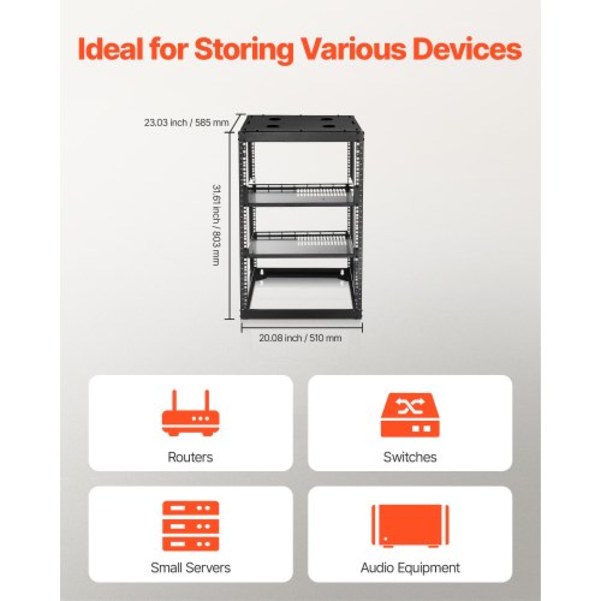 VEVOR 16U Open Frame Network Rack, Βάθος 585 mm, Επίτοιχος ή Επιδαπέδιος Server Rack, Heavy Duty 4 Post, με αεριζόμενα ράφια & εξοπλισμό τοποθέτησης, χωράει όλο τον εξοπλισμό πληροφορικής δικτύωσης AV Gear