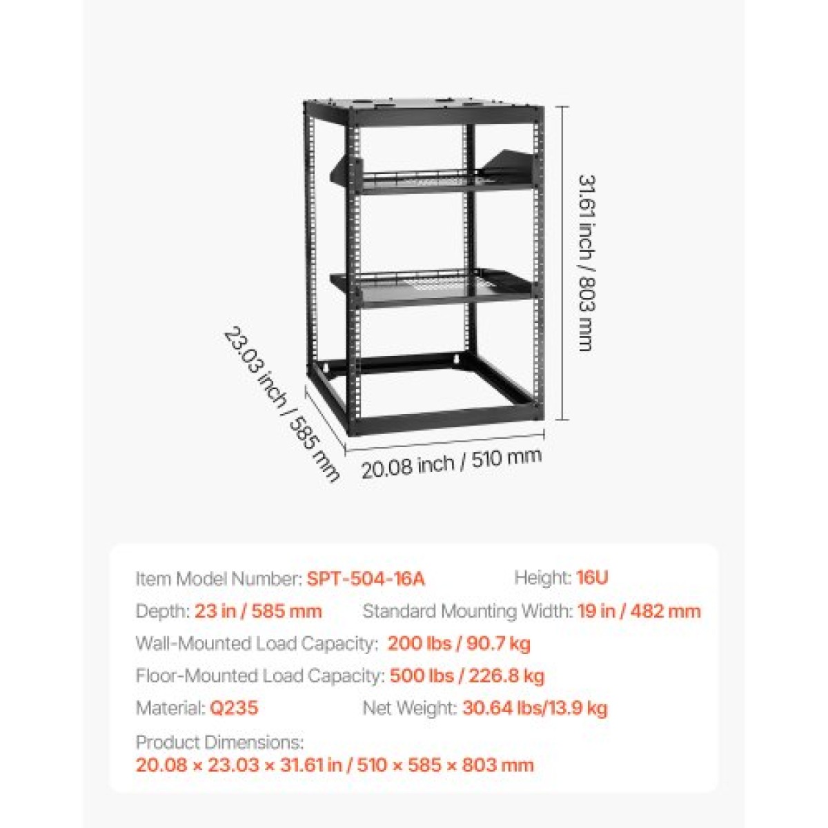 VEVOR 16U Open Frame Network Rack, Βάθος 585 mm, Επίτοιχος ή Επιδαπέδιος Server Rack, Heavy Duty 4 Post, με αεριζόμενα ράφια & εξοπλισμό τοποθέτησης, χωράει όλο τον εξοπλισμό πληροφορικής δικτύωσης AV Gear