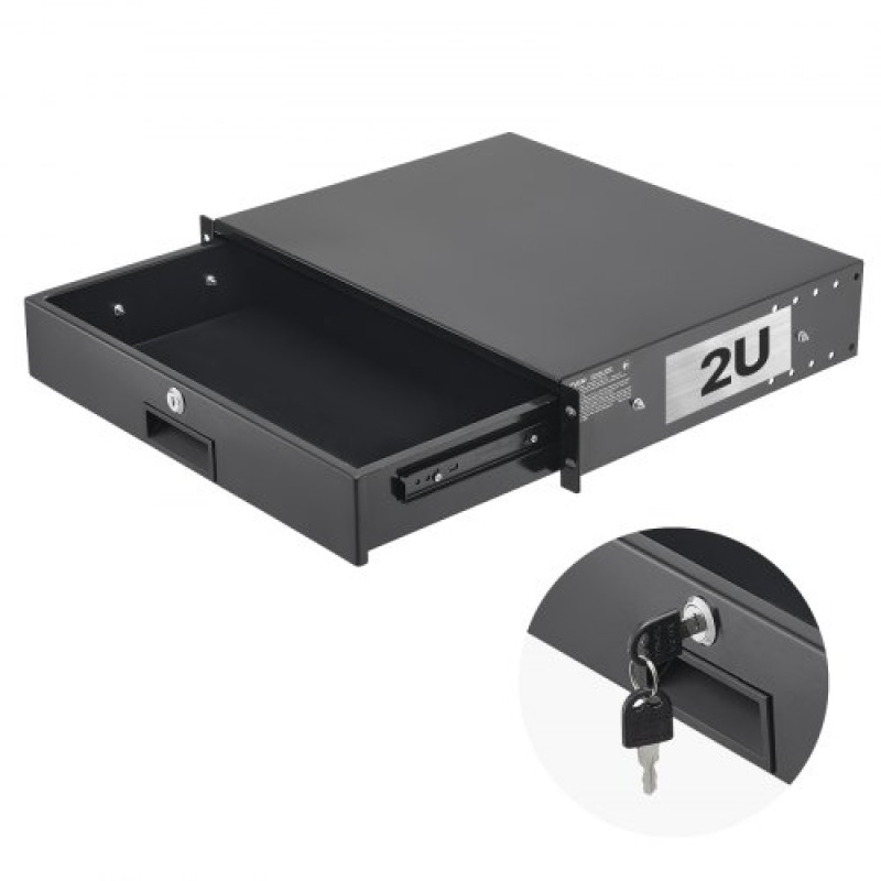Συρτάρι βάσης VEVOR 2U Rack, 22,68 kg μέγιστο φέρον φορτίο, θήκη ντουλαπιού διακομιστή με δυνατότητα κλειδώματος, συρόμενο συρτάρι με κλείδωμα και οπές διαχείρισης καλωδίων, για εξοπλισμό δικτύου διακομιστή AV Rack ή περίβλημα ντουλαπιού