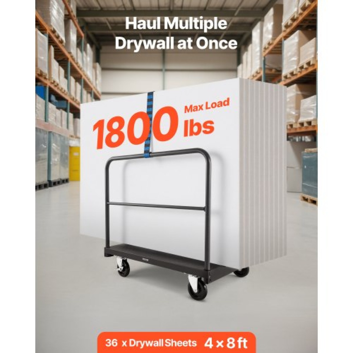 VEVOR Drywall Cart Dolly, 816 kg Χωρητικότητα φορτίου, 2-σε-1 Καροτσάκι φορτηγού από ατσάλινο πάνελ με περιστρεφόμενους τροχούς 12,5 mm, φορτηγό πλατφόρμας 91,4 x 61 cm με 4 πλαϊνές κουπαστές για εργοστάσιο, αποθήκη, γκαράζ, μαύρο