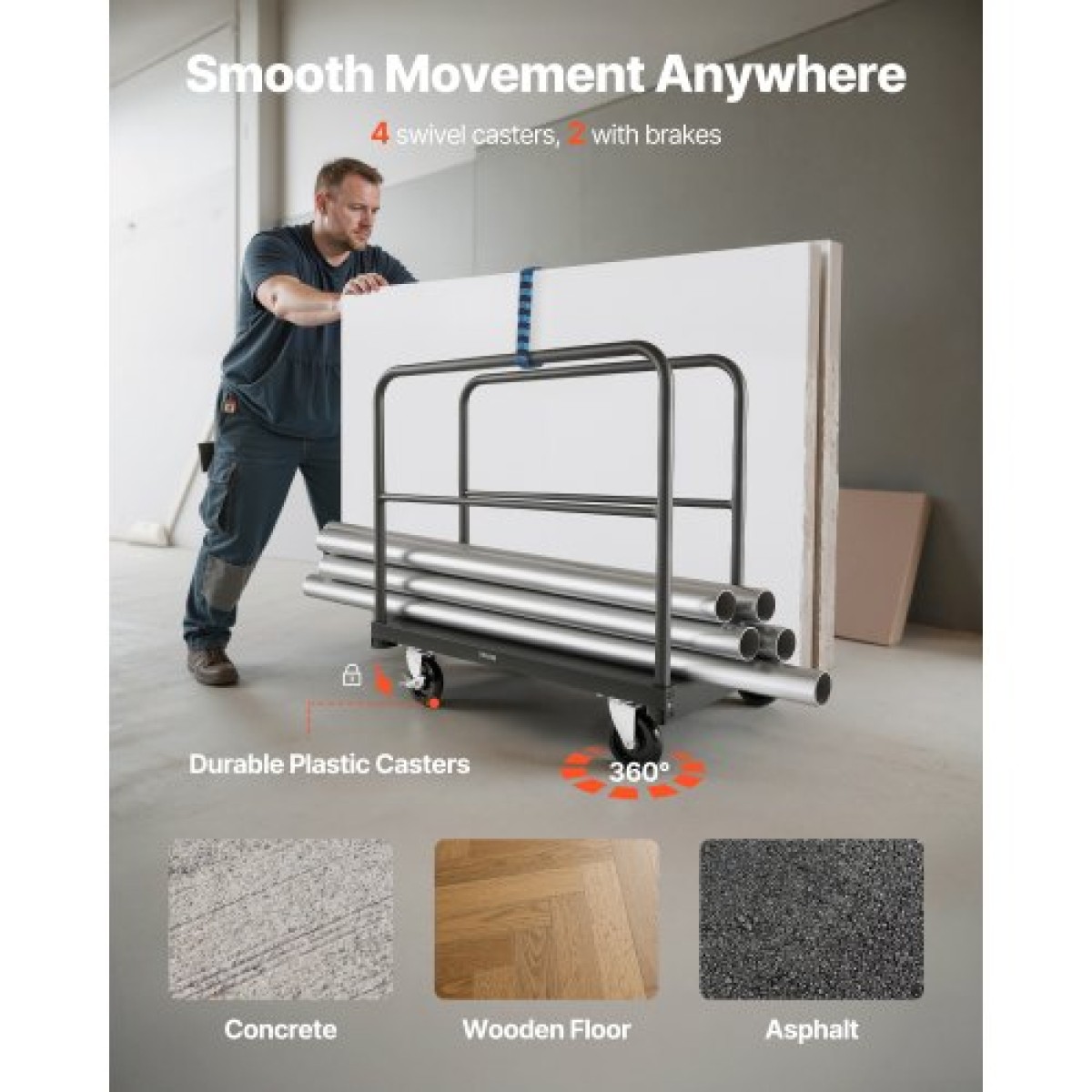 VEVOR Drywall Cart Dolly, 816 kg Χωρητικότητα φορτίου, 2-σε-1 Καροτσάκι φορτηγού από ατσάλινο πάνελ με περιστρεφόμενους τροχούς 12,5 mm, φορτηγό πλατφόρμας 91,4 x 61 cm με 4 πλαϊνές κουπαστές για εργοστάσιο, αποθήκη, γκαράζ, μαύρο
