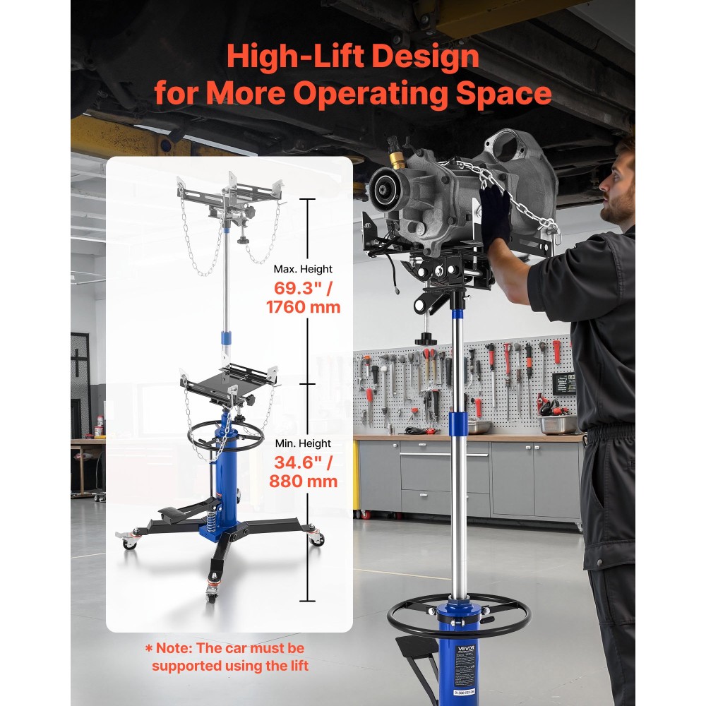 VEVOR Hydraulic Transmission Jack, 1660 lbs / 0,75 Ton Ανυψωτική ικανότητα Τηλεσκοπικός γρύλος κιβωτίου ταχυτήτων με πεντάλ ποδιού, περιστρεφόμενος τροχός 360°, Υψηλό ύψος ανύψωσης 88-176 cm, ανυψωτικό ανυψωτικό για γκαράζ/κατάστημα