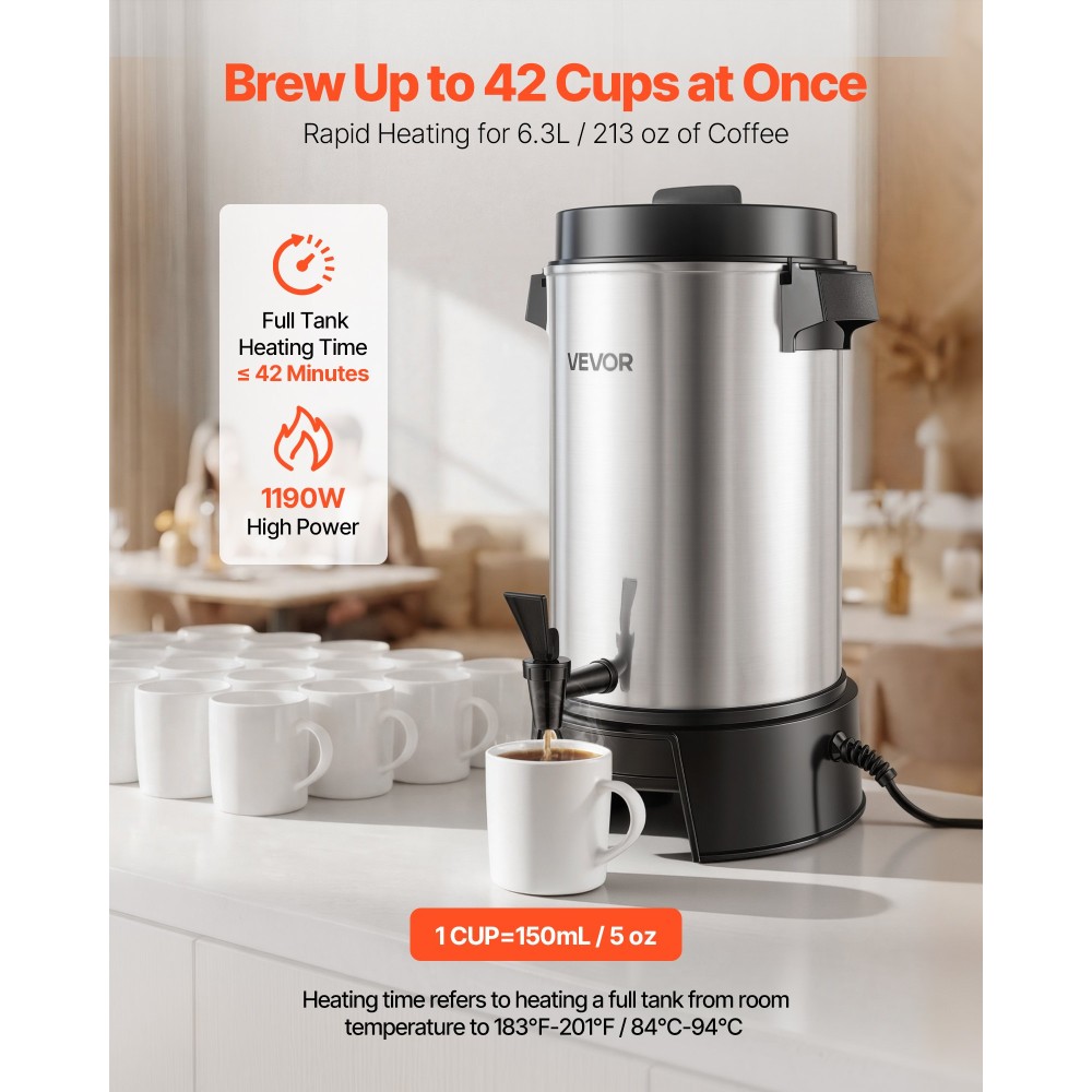 VEVOR Commercial Coffee Urn, 42 Cup 6,3L Dispenser ζεστού ροφήματος με βρύση χωρίς σταγόνες, καφετιέρα ταχείας παρασκευής 1190W, Αυτόματος έλεγχος θερμοκρασίας, για κέτερινγκ, πάρτι, εκκλησία & εστιατόριο