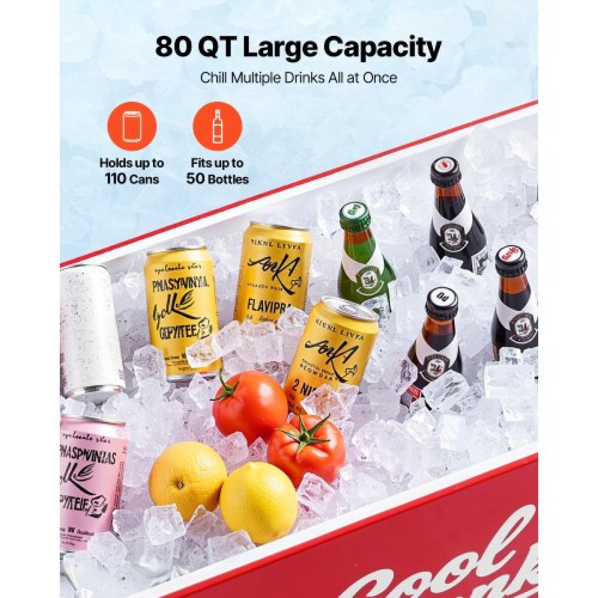VEVOR 75,71 L Rolling Ice Chest, Χωράει έως και 50 μπουκάλια / 110 κουτάκια, φορητό αίθριο Party Bar Drink Cooler Cart με 4 περιστρεφόμενους τροχούς (2 με φρένα), τρόλεϊ ψύξης ποτών με ανοιχτήρι μπουκαλιών, κόκκινο
