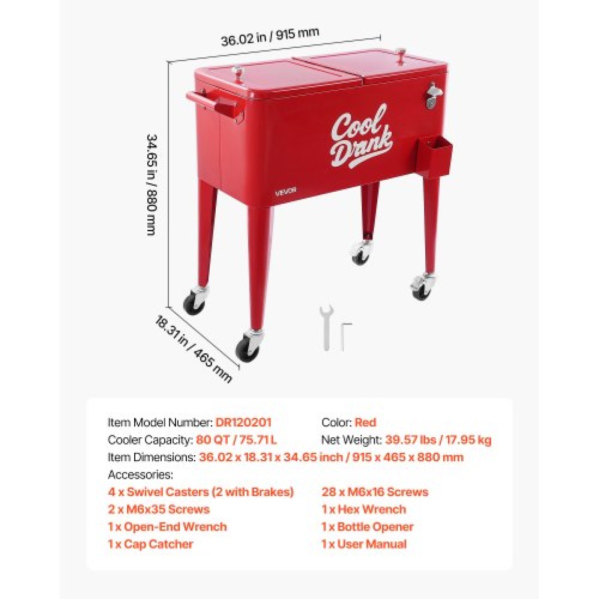 VEVOR 75,71 L Rolling Ice Chest, Χωράει έως και 50 μπουκάλια / 110 κουτάκια, φορητό αίθριο Party Bar Drink Cooler Cart με 4 περιστρεφόμενους τροχούς (2 με φρένα), τρόλεϊ ψύξης ποτών με ανοιχτήρι μπουκαλιών, κόκκινο
