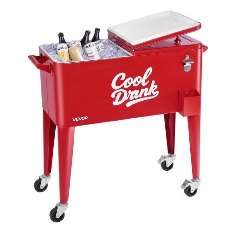VEVOR 75,71 L Rolling Ice Chest, Χωράει έως και 50 μπουκάλια / 110 κουτάκια, φορητό αίθριο Party Bar Drink Cooler Cart με 4 περιστρεφόμενους τροχούς (2 με φρένα), τρόλεϊ ψύξης ποτών με ανοιχτήρι μπουκαλιών, κόκκινο