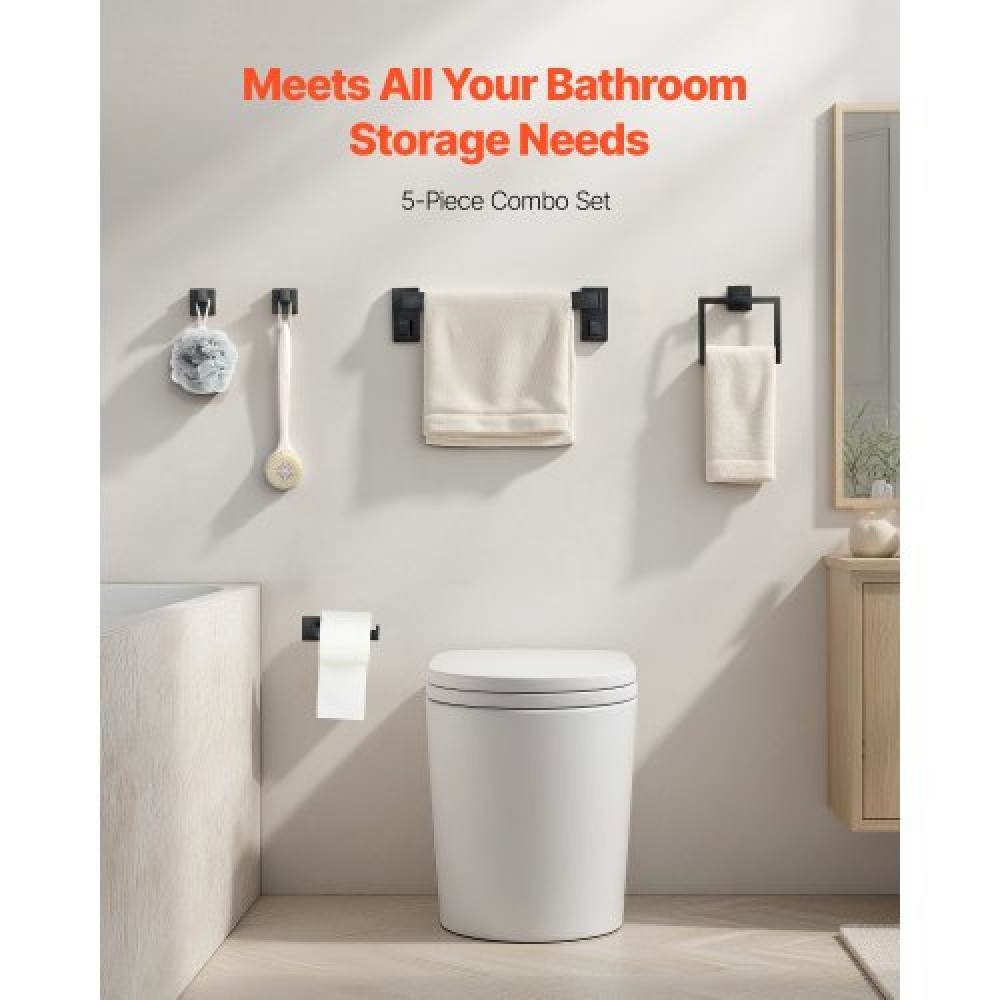 VEVOR Matte Black Bathroom Hardware Set, 5 Pieces Bathroom Accessories Set, Stainless Steel 16 inch Towel Bar, Towel Rack, 2 Robe Towel Hooks, Toilet Paper Holder for Bath Room, Wall Mounted
