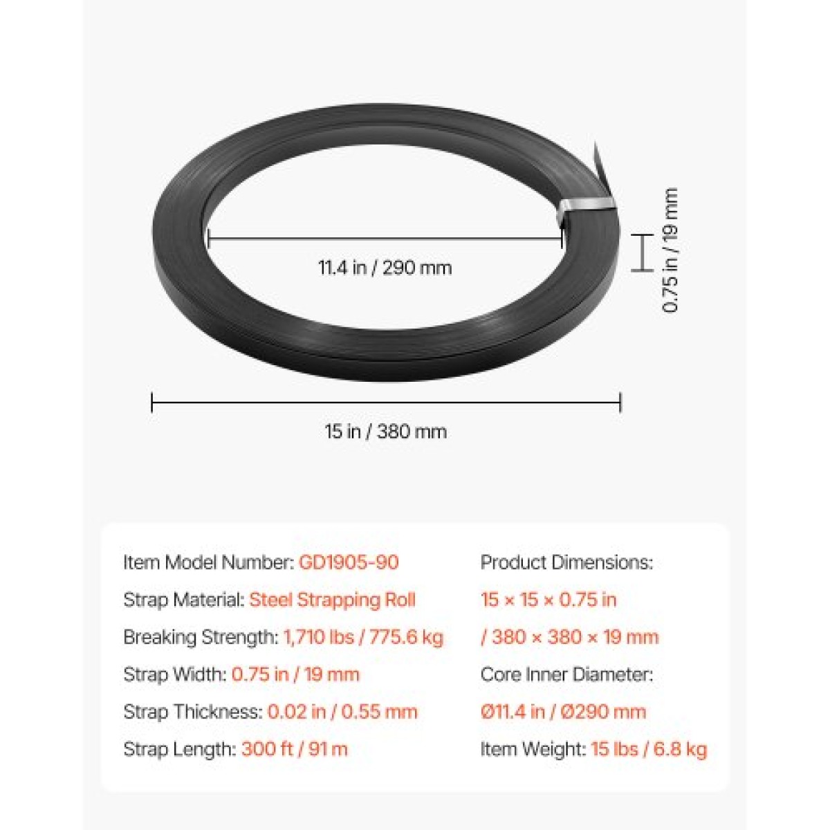 Πηνίο VEVOR Steel Strapping, 19 mm x 0,55 mm x 91 m, Μεταλλικό ρολό ταινίας που αντέχει σε σκληρό περιβάλλον, 775,6 kg Αντοχή σε θραύση, Πηνίο ιμάντα παλέτας βαρέως τύπου για συσκευασία παλετών