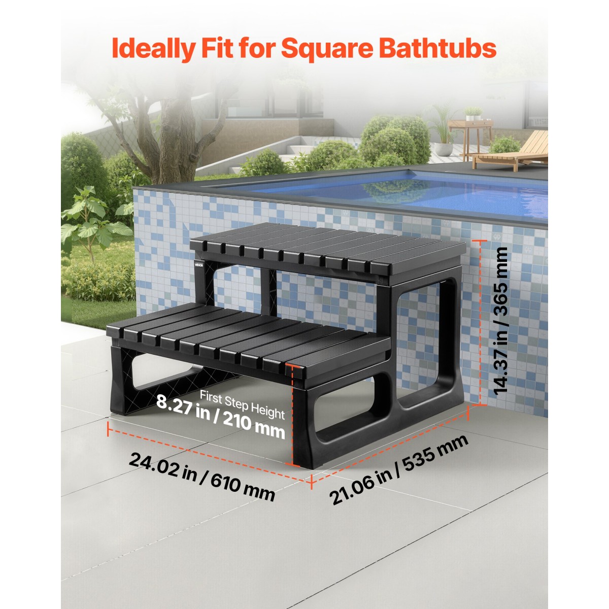 VEVOR Hot Tub Step, 2-Step Spa Outdoor Stairs, Heavy Duty 599,5 mm Πλάτος PP Πάνω από το έδαφος/Φουσκωτή σκάλα πισίνας με χωρητικότητα 145,2 kg, πολλαπλών χρήσεων για βεράντα, βεράντα, κατάστρωμα, κατασκηνώσεις, μαύρο