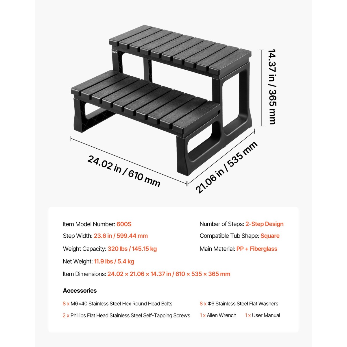 VEVOR Hot Tub Step, 2-Step Spa Outdoor Stairs, Heavy Duty 599,5 mm Πλάτος PP Πάνω από το έδαφος/Φουσκωτή σκάλα πισίνας με χωρητικότητα 145,2 kg, πολλαπλών χρήσεων για βεράντα, βεράντα, κατάστρωμα, κατασκηνώσεις, μαύρο