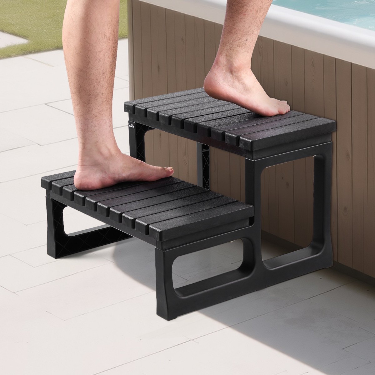 VEVOR Hot Tub Step, 2-Step Spa Outdoor Stairs, Heavy Duty 599,5 mm Πλάτος PP Πάνω από το έδαφος/Φουσκωτή σκάλα πισίνας με χωρητικότητα 145,2 kg, πολλαπλών χρήσεων για βεράντα, βεράντα, κατάστρωμα, κατασκηνώσεις, μαύρο
