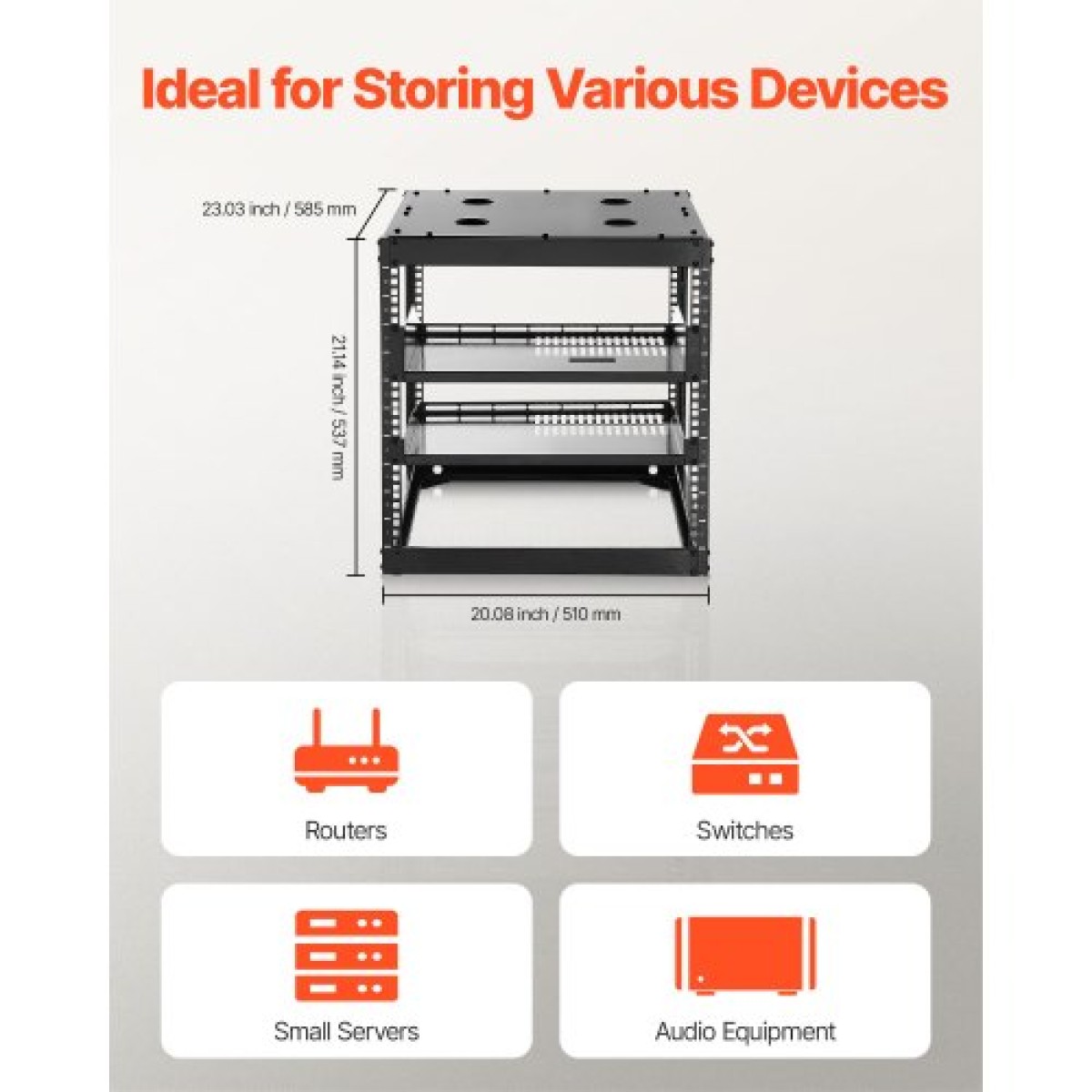 VEVOR 10U Open Frame Network Rack, Βάθος 585 mm, Επίτοιχος ή Επιδαπέδιος Server Rack, Heavy Duty 4 Post, με αεριζόμενα ράφια & εξοπλισμό στερέωσης, χωράει όλο τον εξοπλισμό πληροφορικής δικτύωσης AV Gear