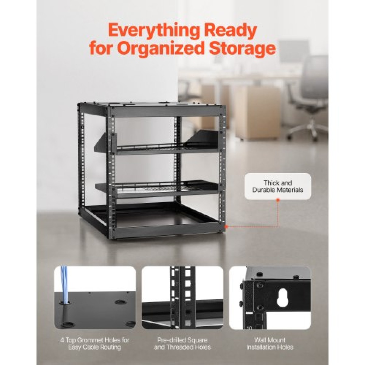 VEVOR 10U Open Frame Network Rack, Βάθος 585 mm, Επίτοιχος ή Επιδαπέδιος Server Rack, Heavy Duty 4 Post, με αεριζόμενα ράφια & εξοπλισμό στερέωσης, χωράει όλο τον εξοπλισμό πληροφορικής δικτύωσης AV Gear