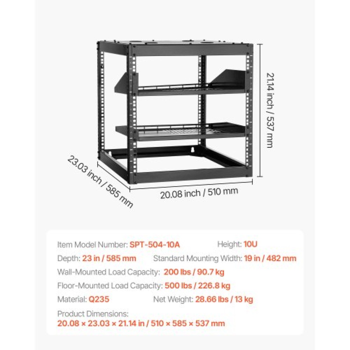 VEVOR 10U Open Frame Network Rack, Βάθος 585 mm, Επίτοιχος ή Επιδαπέδιος Server Rack, Heavy Duty 4 Post, με αεριζόμενα ράφια & εξοπλισμό στερέωσης, χωράει όλο τον εξοπλισμό πληροφορικής δικτύωσης AV Gear