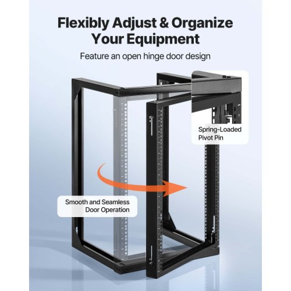 Βάση διακομιστή VEVOR 15U Wall Mount, 68,04 kg Μέγιστη χωρητικότητα φορτίου, Open Frame Network Rack με 180 Degrees Gate Swing Door, Carbon Steel, Ιδανικό για Εξοπλισμό Δικτύου Πληροφορικής & Συσκευές AV Διακομιστής υπολογιστή, Μαύρο