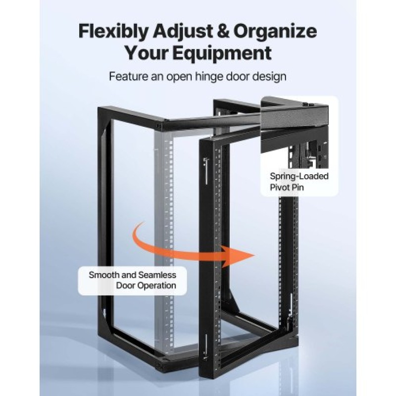 Βάση διακομιστή VEVOR 15U Wall Mount, 68,04 kg Μέγιστη χωρητικότητα φορτίου, Open Frame Network Rack με 180 Degrees Gate Swing Door, Carbon Steel, Ιδανικό για Εξοπλισμό Δικτύου Πληροφορικής & Συσκευές AV Διακομιστής υπολογιστή, Μαύρο