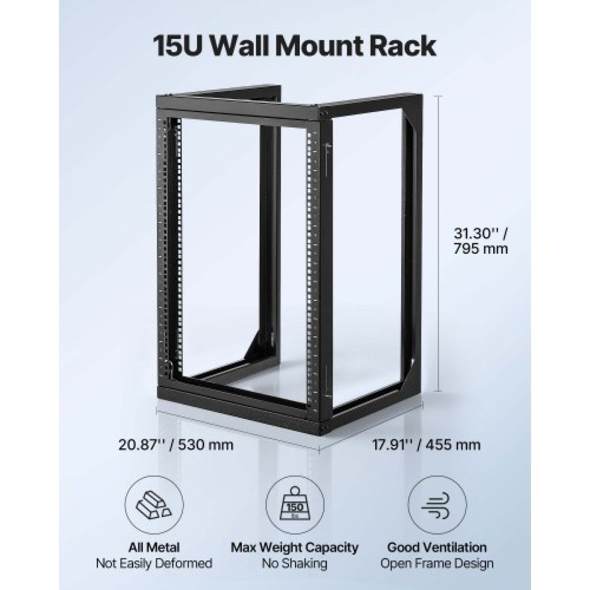 Βάση διακομιστή VEVOR 15U Wall Mount, 68,04 kg Μέγιστη χωρητικότητα φορτίου, Open Frame Network Rack με 180 Degrees Gate Swing Door, Carbon Steel, Ιδανικό για Εξοπλισμό Δικτύου Πληροφορικής & Συσκευές AV Διακομιστής υπολογιστή, Μαύρο