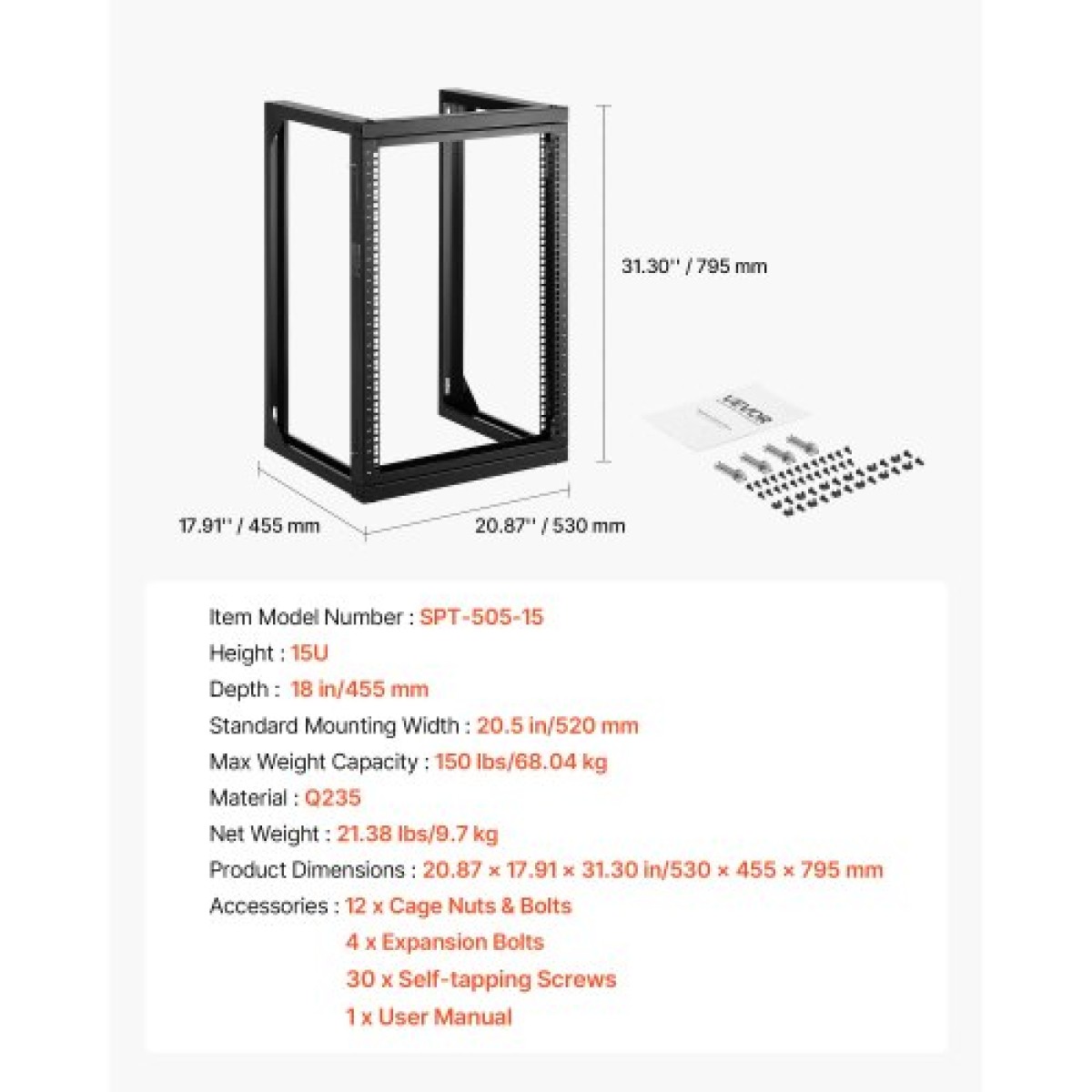 Βάση διακομιστή VEVOR 15U Wall Mount, 68,04 kg Μέγιστη χωρητικότητα φορτίου, Open Frame Network Rack με 180 Degrees Gate Swing Door, Carbon Steel, Ιδανικό για Εξοπλισμό Δικτύου Πληροφορικής & Συσκευές AV Διακομιστής υπολογιστή, Μαύρο