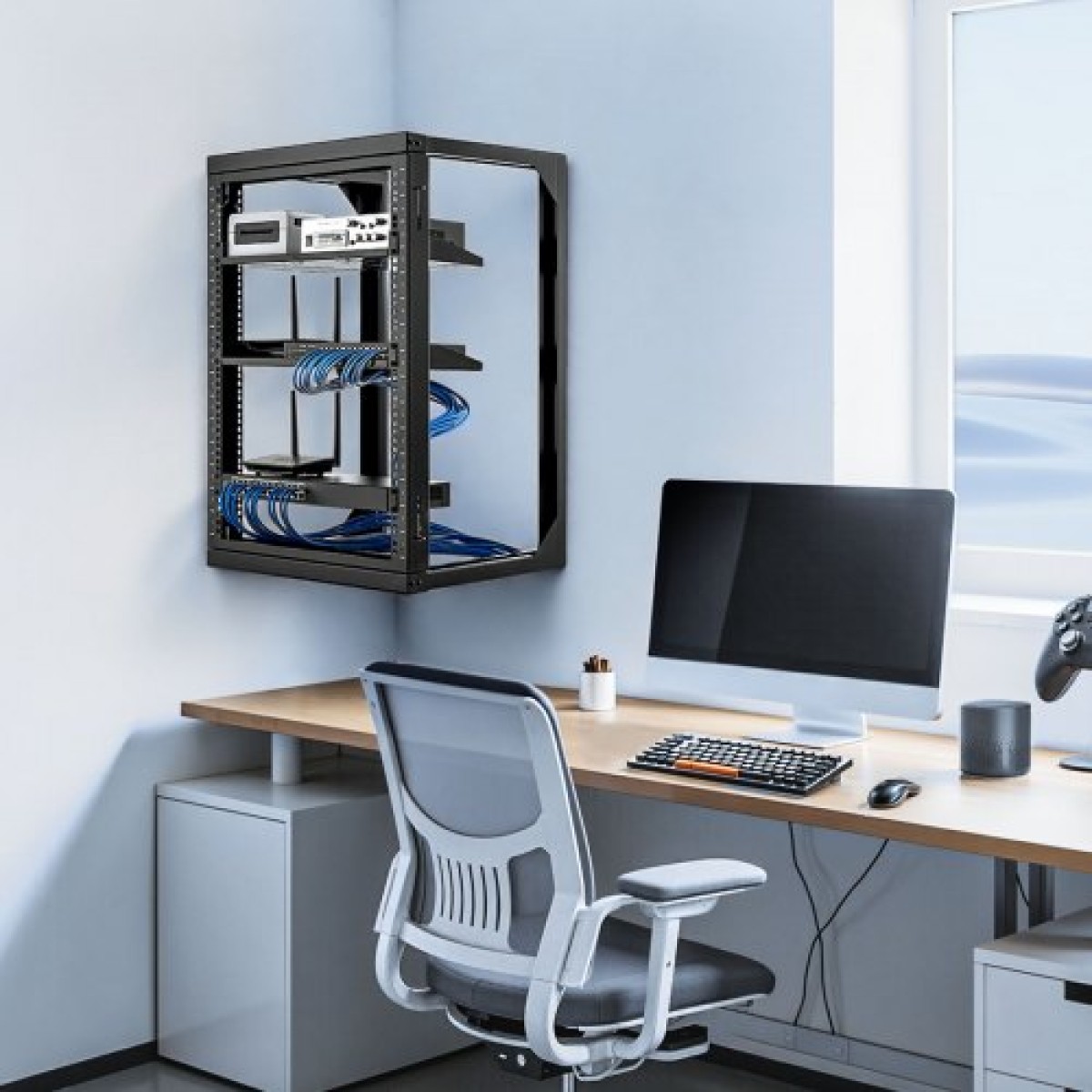Βάση διακομιστή VEVOR 15U Wall Mount, 68,04 kg Μέγιστη χωρητικότητα φορτίου, Open Frame Network Rack με 180 Degrees Gate Swing Door, Carbon Steel, Ιδανικό για Εξοπλισμό Δικτύου Πληροφορικής & Συσκευές AV Διακομιστής υπολογιστή, Μαύρο