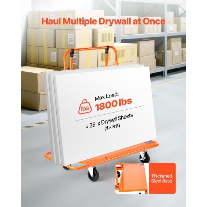 VEVOR Drywall Cart Dolly, χωρητικότητα φορτίου 816 kg, Dolly από ατσάλινο πάνελ με 4 περιστρεφόμενους τροχούς, ανθεκτικό και μακράς διαρκείας, καρότσι φορτηγού πάνελ με ιμάντα πρόσδεσης για κόντρα πλακέ, γυψοσανίδες, γυαλί, πορτοκαλί