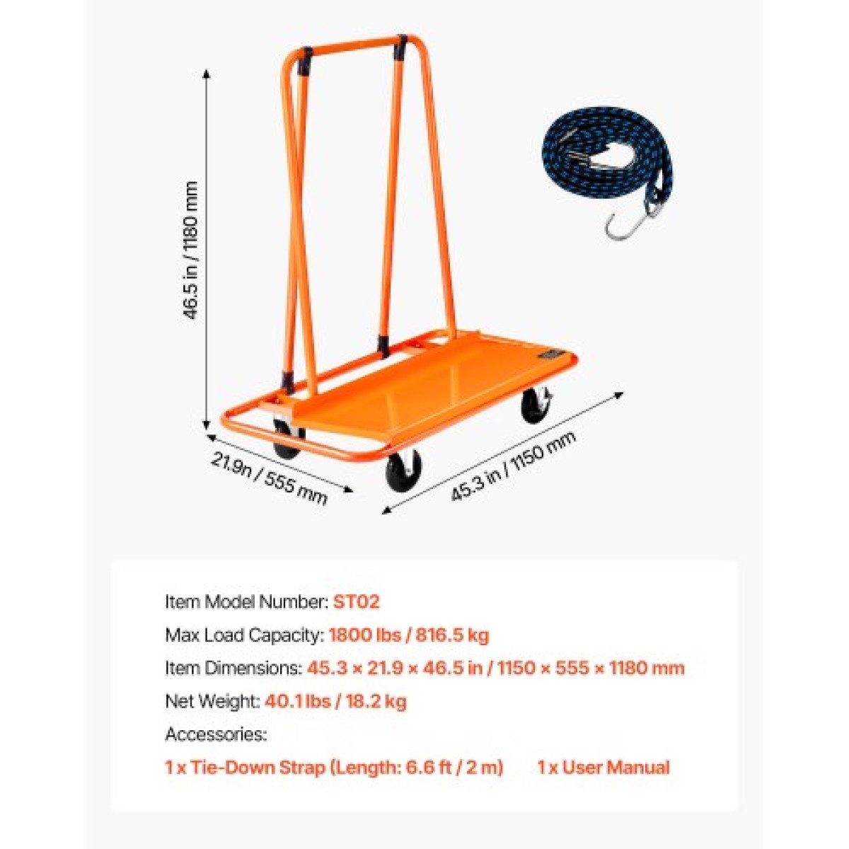 VEVOR Drywall Cart Dolly, χωρητικότητα φορτίου 816 kg, Dolly από ατσάλινο πάνελ με 4 περιστρεφόμενους τροχούς, ανθεκτικό και μακράς διαρκείας, καρότσι φορτηγού πάνελ με ιμάντα πρόσδεσης για κόντρα πλακέ, γυψοσανίδες, γυαλί, πορτοκαλί