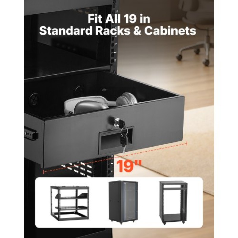 Συρτάρι VEVOR 3U Rack Mount, 22,68 kg Max Load-Bearing, Lockable Server Cabinet Case, συρόμενο συρτάρι με κλείδωμα και οπές διαχείρισης καλωδίων, για εξοπλισμό δικτύου διακομιστή AV Rack ή περίβλημα ντουλαπιού