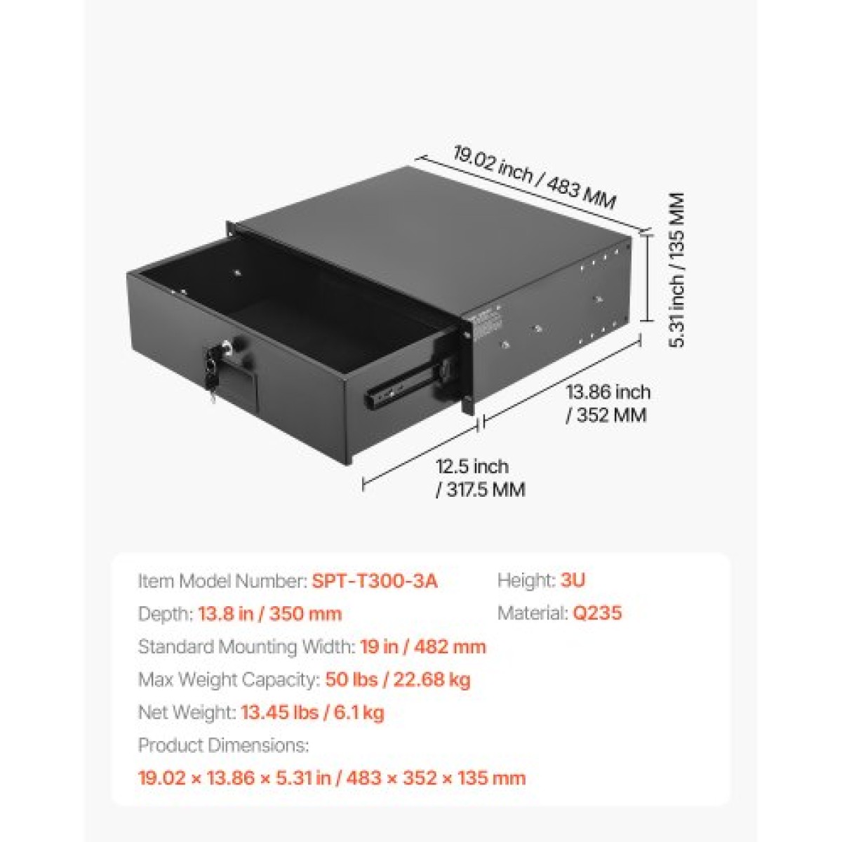 Συρτάρι VEVOR 3U Rack Mount, 22,68 kg Max Load-Bearing, Lockable Server Cabinet Case, συρόμενο συρτάρι με κλείδωμα και οπές διαχείρισης καλωδίων, για εξοπλισμό δικτύου διακομιστή AV Rack ή περίβλημα ντουλαπιού
