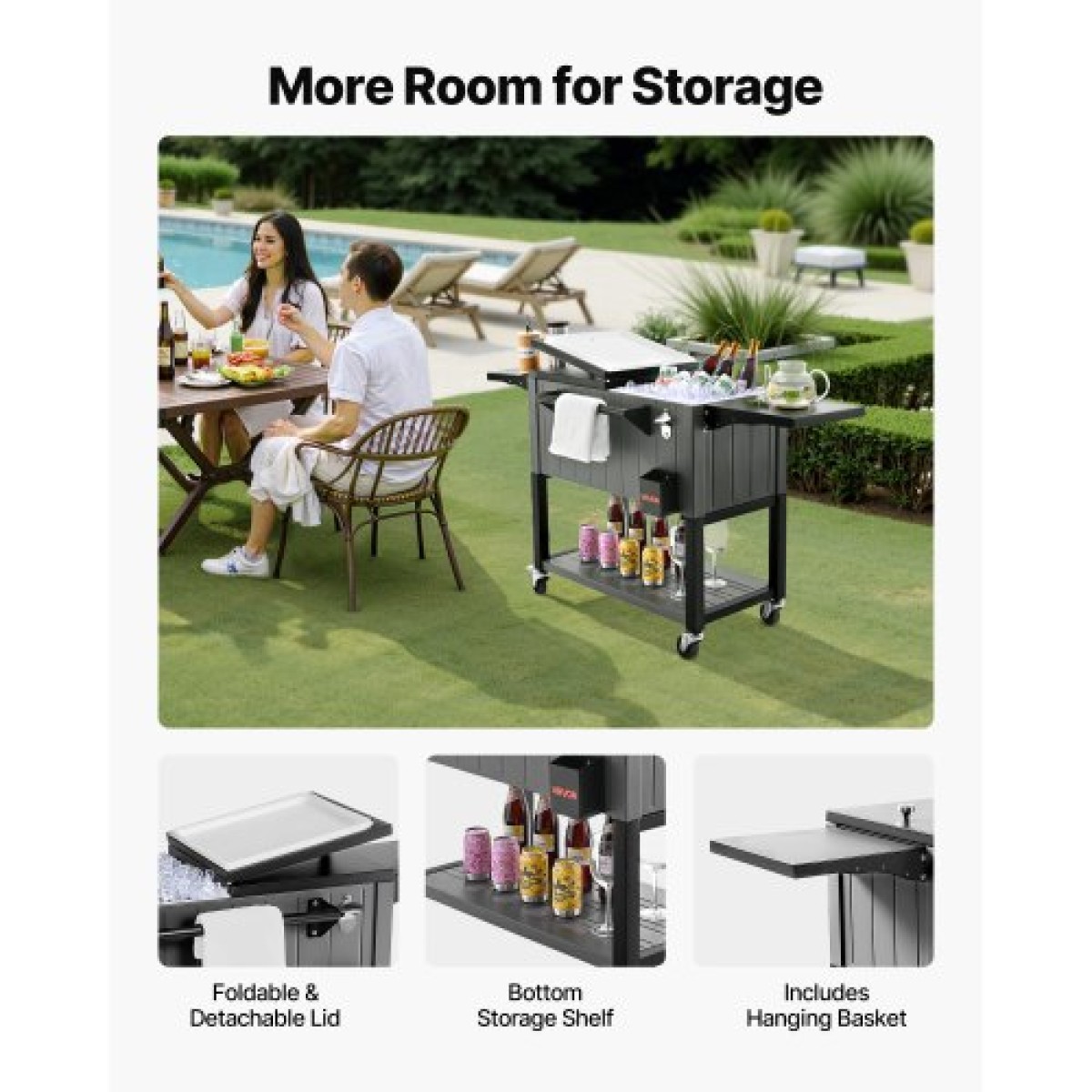 VEVOR 75,7L Rolling Ice Chest, χωρητικότητα έως 50 μπουκάλια / 110 κουτάκια, φορητό αίθριο Party Bar Drink Cooler Cart με κάτω ράφι & αναδιπλούμενα πλαϊνά ράφια, πισίνα ποτών με περιστρεφόμενους τροχούς και ανοιχτήρι μπουκαλιών
