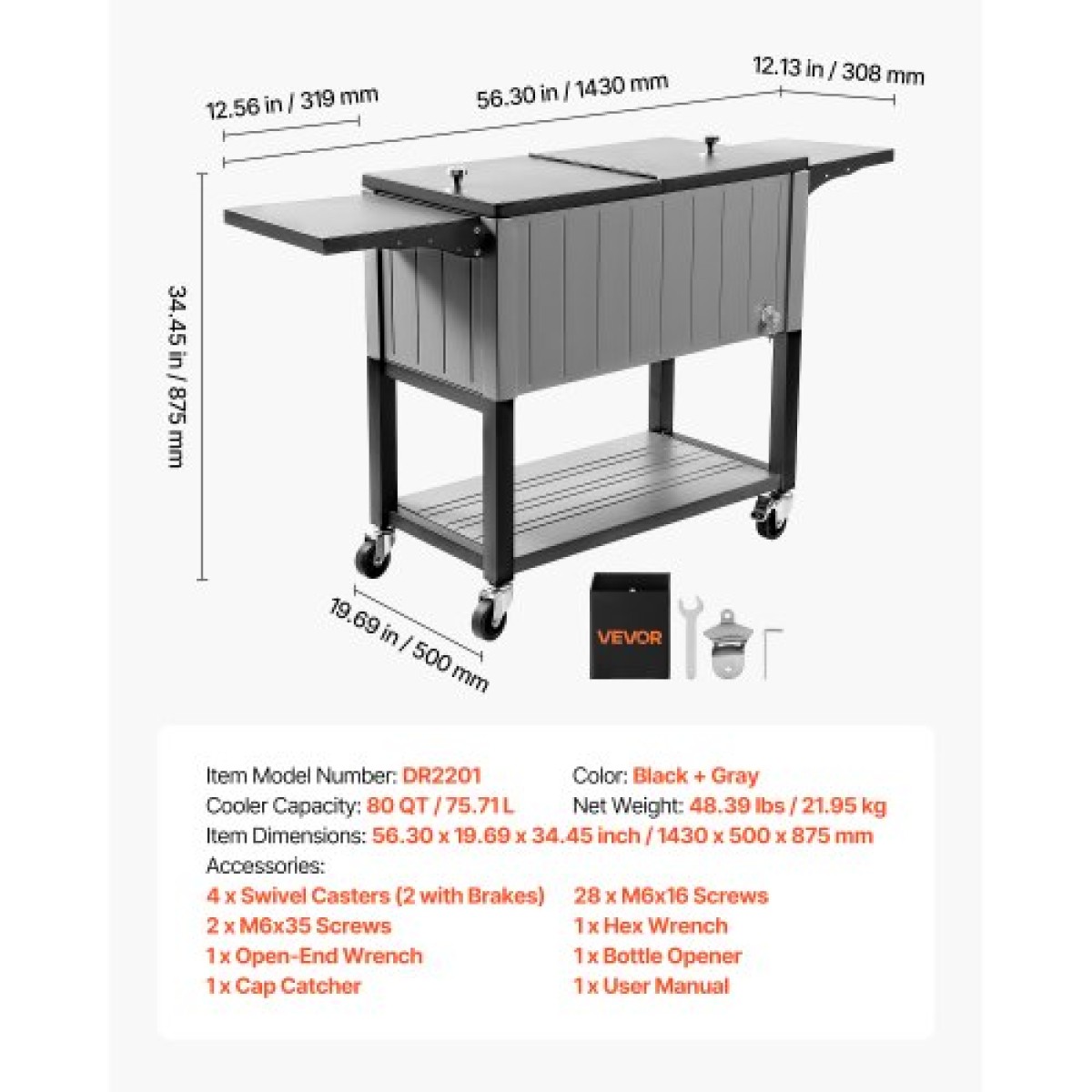 VEVOR 75,7L Rolling Ice Chest, χωρητικότητα έως 50 μπουκάλια / 110 κουτάκια, φορητό αίθριο Party Bar Drink Cooler Cart με κάτω ράφι & αναδιπλούμενα πλαϊνά ράφια, πισίνα ποτών με περιστρεφόμενους τροχούς και ανοιχτήρι μπουκαλιών