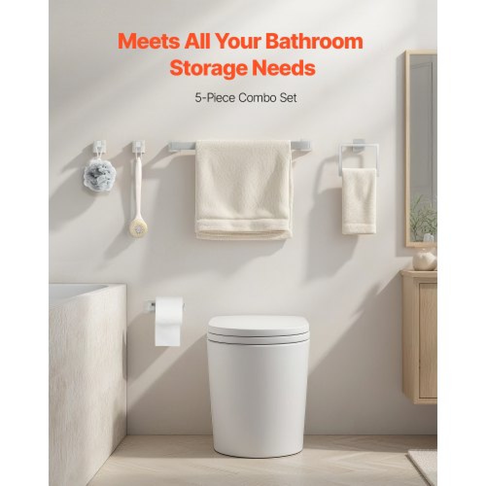Σετ εξοπλισμού μπάνιου VEVOR Brushed Nickel, Σετ αξεσουάρ μπάνιου 5 τεμαχίων, Μπάρα πετσετών 24 ιντσών από ανοξείδωτο ατσάλι, κρεμάστρα για πετσέτες, 2 γάντζοι για πετσέτες, θήκη για χαρτί υγείας για μπάνιο, επιτοίχια