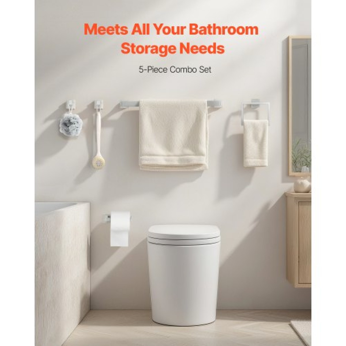 Σετ εξοπλισμού μπάνιου VEVOR Brushed Nickel, Σετ αξεσουάρ μπάνιου 5 τεμαχίων, Μπάρα πετσετών 24 ιντσών από ανοξείδωτο ατσάλι, κρεμάστρα για πετσέτες, 2 γάντζοι για πετσέτες, θήκη για χαρτί υγείας για μπάνιο, επιτοίχια