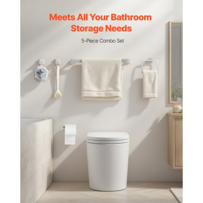 Σετ εξοπλισμού μπάνιου VEVOR Brushed Nickel, Σετ αξεσουάρ μπάνιου 5 τεμαχίων, Μπάρα πετσετών 24 ιντσών από ανοξείδωτο ατσάλι, κρεμάστρα για πετσέτες, 2 γάντζοι για πετσέτες, θήκη για χαρτί υγείας για μπάνιο, επιτοίχια