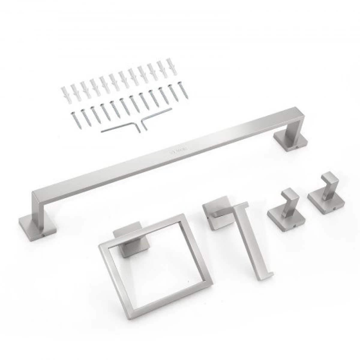 Σετ εξοπλισμού μπάνιου VEVOR Brushed Nickel, Σετ αξεσουάρ μπάνιου 5 τεμαχίων, Μπάρα πετσετών 24 ιντσών από ανοξείδωτο ατσάλι, κρεμάστρα για πετσέτες, 2 γάντζοι για πετσέτες, θήκη για χαρτί υγείας για μπάνιο, επιτοίχια
