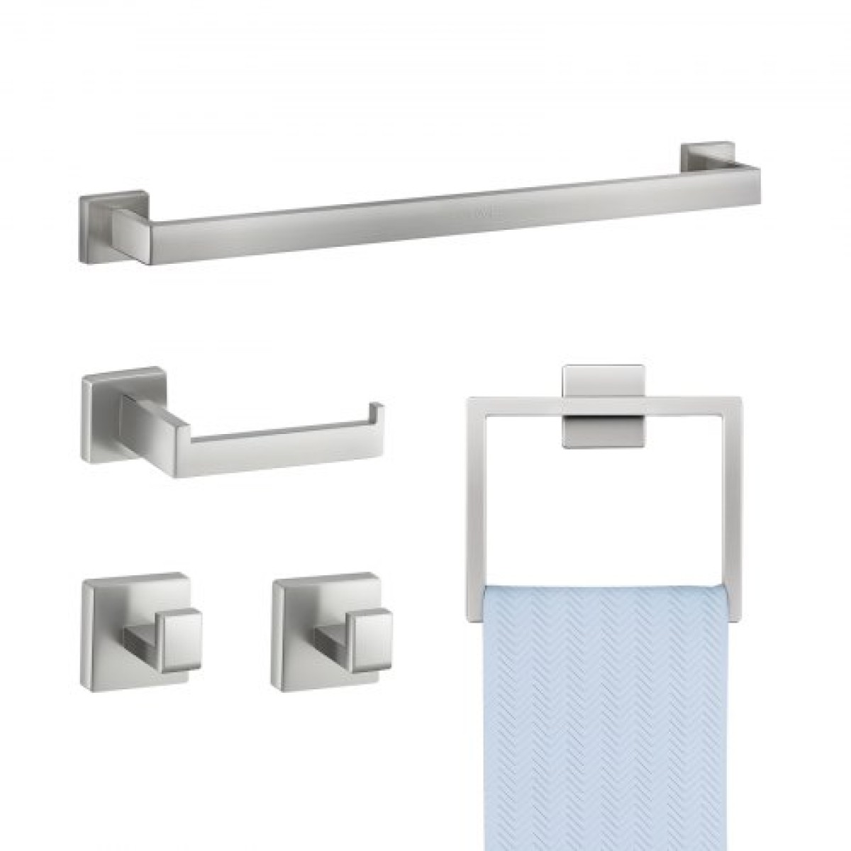 Σετ εξοπλισμού μπάνιου VEVOR Brushed Nickel, Σετ αξεσουάρ μπάνιου 5 τεμαχίων, Μπάρα πετσετών 24 ιντσών από ανοξείδωτο ατσάλι, κρεμάστρα για πετσέτες, 2 γάντζοι για πετσέτες, θήκη για χαρτί υγείας για μπάνιο, επιτοίχια