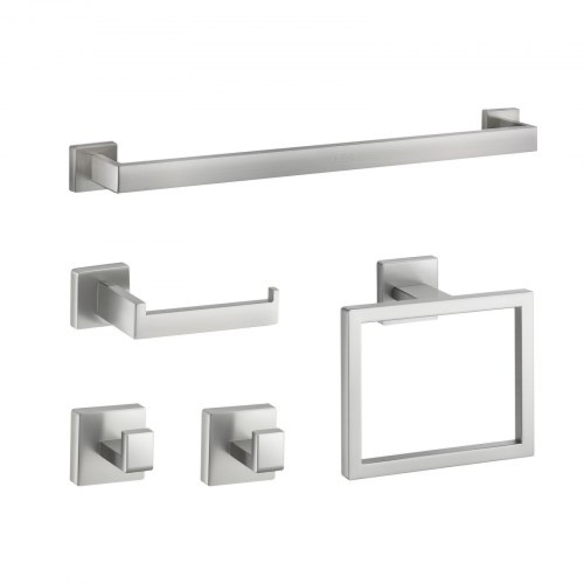 Σετ εξοπλισμού μπάνιου VEVOR Brushed Nickel, Σετ αξεσουάρ μπάνιου 5 τεμαχίων, Μπάρα πετσετών 24 ιντσών από ανοξείδωτο ατσάλι, κρεμάστρα για πετσέτες, 2 γάντζοι για πετσέτες, θήκη για χαρτί υγείας για μπάνιο, επιτοίχια
